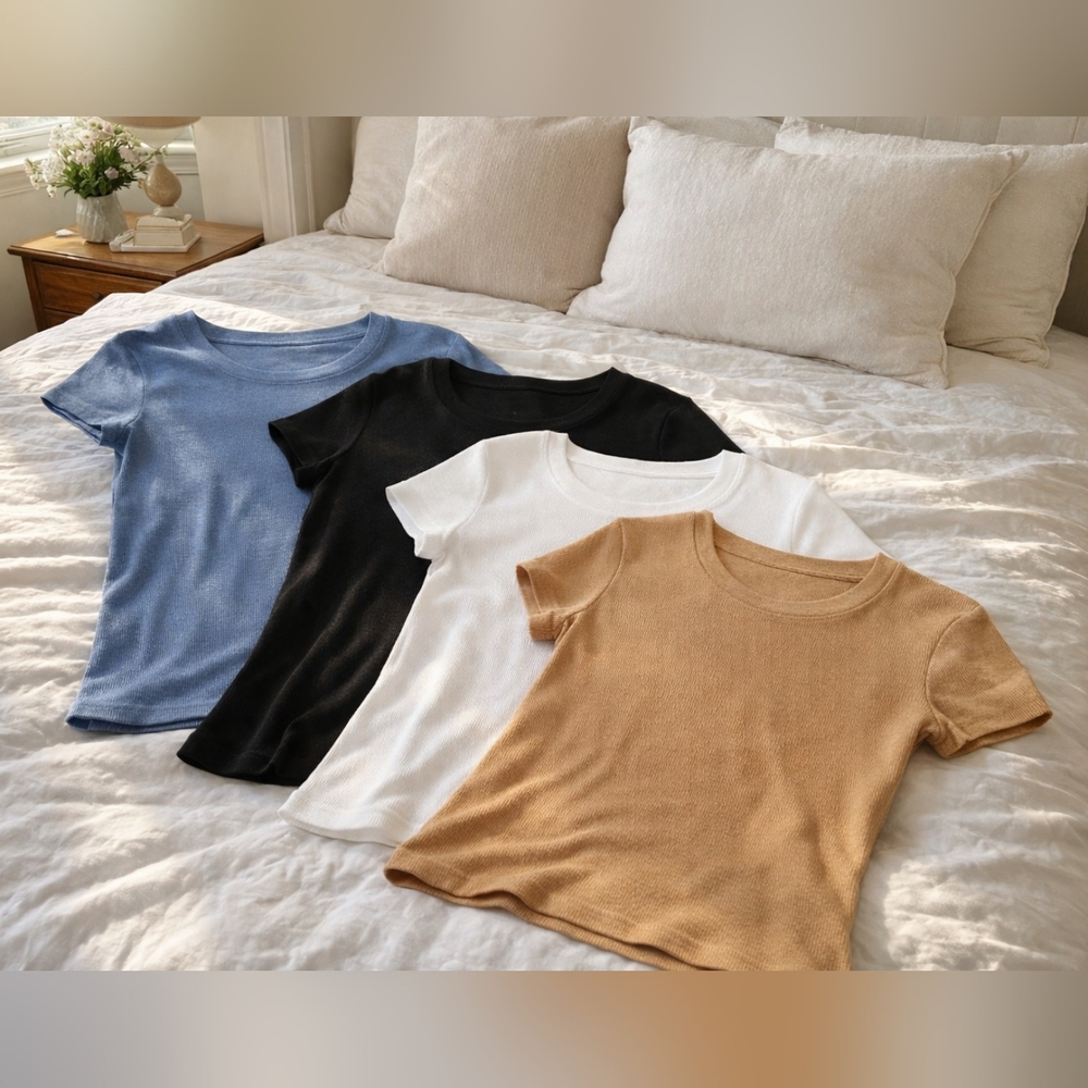 Women’s 4 Pack Ribbed Stretch T-Shirts Size M Rayon Spandex Crew Neck Basic Tops